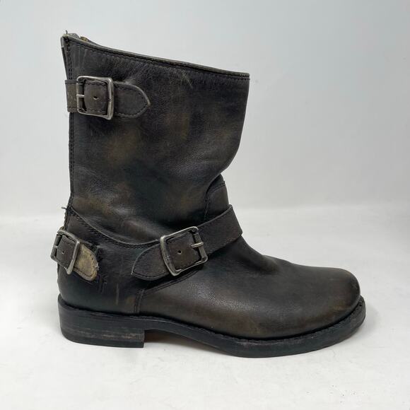 Frye Veronica Short Back Zip Buckle Distressed Engineer Moto Boots Gray Womens 7 - Picture 3 of 14